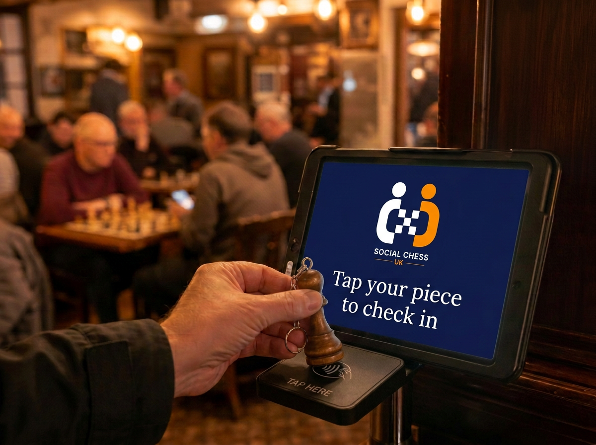 A hand holding a small wooden chess-piece fob at the venue check-in point